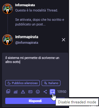 L'icona per attivare la modalità Thread