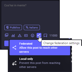 Selettore per la modalità federata o per quella "solo locale" che consente di rendere leggibile un post solo per gli appartenenti all'istanza