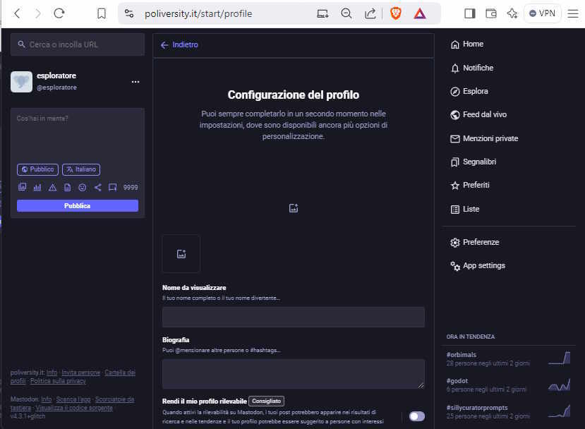 Creazione profilo mastodon: dati generali