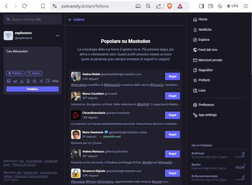 Creazione profilo mastodon: segui utenti