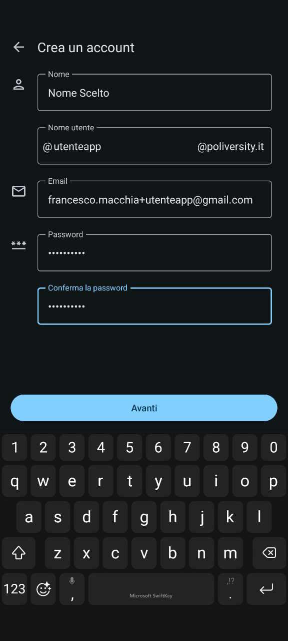 App - creazione profilo mastodon: inserimento dati