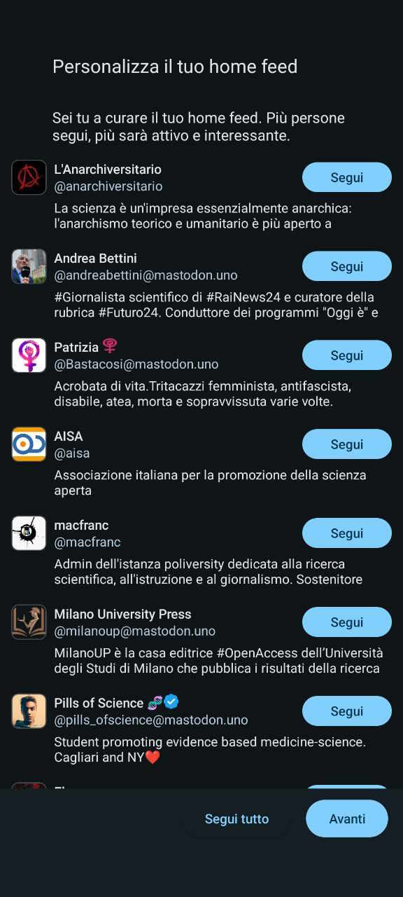 App - creazione profilo mastodon: segui utenti