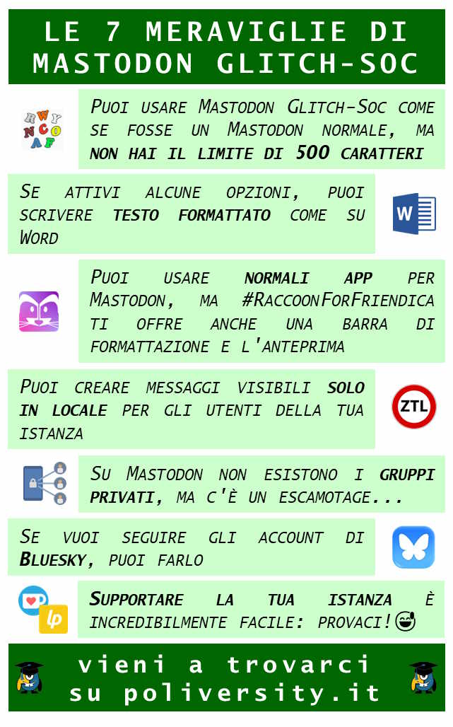 Le sette meraviglie di Mastodon glitch-soc Puoi usare Mastodon Glitch Soc come se fosse un mastodon normale, ma non hai il limite di 500 caratteri Se attivi alcune opzioni, puoi scrivere testo formattato come su Word Puoi usare le normali app per mastodon, ma RaccoonForFriendica ti offre anche una barra di formattazione e l'anteprima Puoi creare messaggi visibili solo per gli utenti della tua istanza Su mastodon non esistono i gruppi privati, ma c'è un escamotage... Se vuoi seguire gli account di Bluesky, puoi farlo Supportare finanziariamente la tua istanza è incredibilmente facile