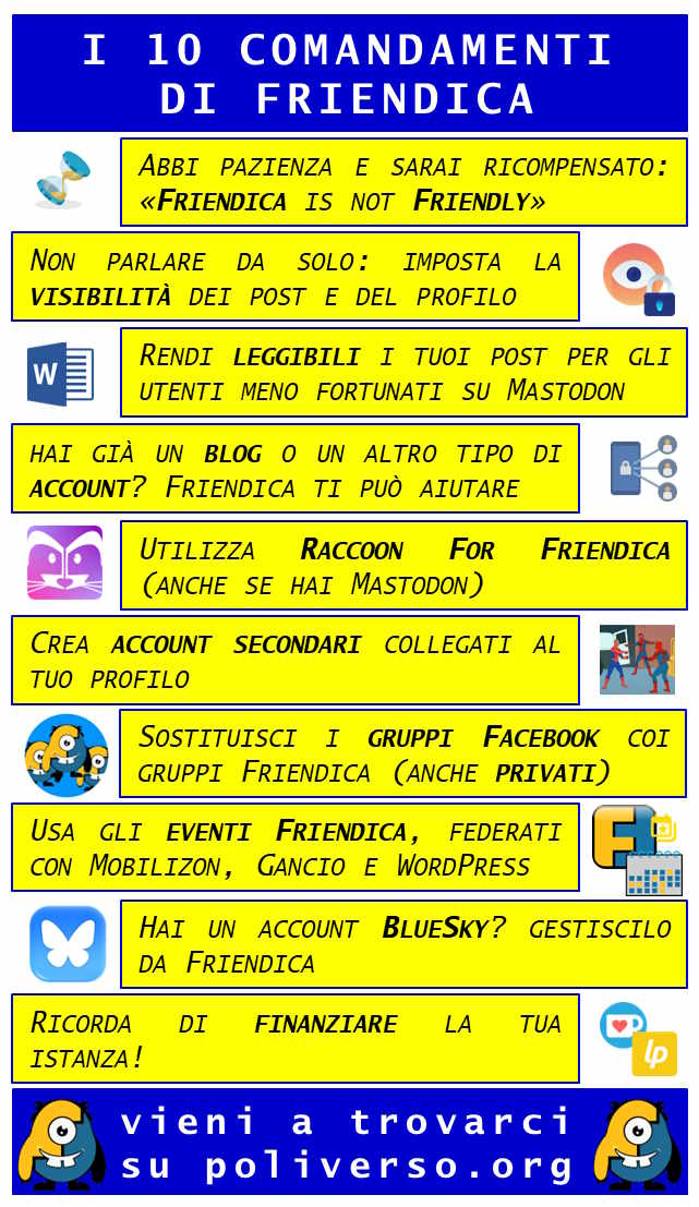 I 10 COMANDAMENTI DI FRIENDICA: I - ABBI PAZIENZA. FRIENDICA IS NOT FRIENDLY II - NON PARLARE DA SOLO E IMPOSTA LA VISIBILITÀ DEI TUOI POST E DEL TUO PROFILO III - FAI IN MODO CHE I TUOI POST CON TITOLO SIANO LEGGIBILI PER GLI UTENTI MENO FORTUNATI CHE USANO MASTODON IV - ANCHE SE HAI GIÀ UN BLOG O UN ALTRO ACCOUNT DEL FEDIVERSO, FRIENDICA È IL TUO MIGLIOR ALLEATO V - UTILIZZA RACCOON FOR FRIENDICA PERCHÉ È UN'APP ECCEZIONALE E FUNZIONA ANCHE CON MASTODON VI - CREA ACCOUNT SECONDARI COLLEGATI AL TUO PROFILO VII - SOSTITUISCI I "GRUPPI FACEBOOK" (ANCHE QUELLI PRIVATI) CON I GRUPPI FRIENDICA E GESTISCILI INSIEME AI TUOI AMICI VIII - IMPARA A USARE IL CALENDARIO EVENTI DI FRIENDICA, TOTALMENTE FEDERATO CON MOBILIZON, GANCIO E WORDPRESS IX - SE HAI UN ACCOUNT BLUESKY GESTISCILO DA FRIENDICA E FAI SCHIATTARE DI INVIDIA GLI UTENTI BLUESKY X - RICORDA DI SUPPORTARE FINANZIARIAMENTE LA TUA ISTANZA